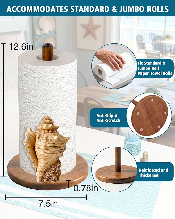 Conch Paper Towel Holder, Coastal Beach House Decor for Kitchen Bathroom Countertop, Freestanding Wooden Stand, Standard & Jumbo Rolls, Gift for Women