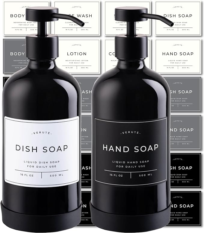 Hand and Dish Soap Dispenser for Kitchen and Bathroom, Set of 2 16 Oz Glass Bottles, Stainless Steel Pumps, Non-Slip Silicone Base, 27 Waterproof Labels (Gloss Black Bottle/Black Pump) by Verute