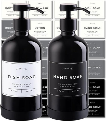 Hand and Dish Soap Dispenser for Kitchen and Bathroom, Set of 2 16 Oz Glass Bottles, Stainless Steel Pumps, Non-Slip Silicone Base, 27 Waterproof Labels (Gloss Black Bottle/Black Pump) by Verute