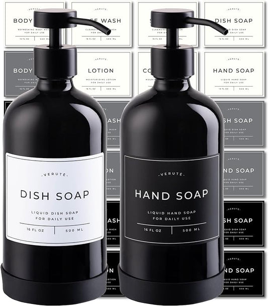 Hand and Dish Soap Dispenser for Kitchen and Bathroom, Set of 2 16 Oz Glass Bottles, Stainless Steel Pumps, Non-Slip Silicone Base, 27 Waterproof Labels (Gloss Black Bottle/Black Pump) by Verute