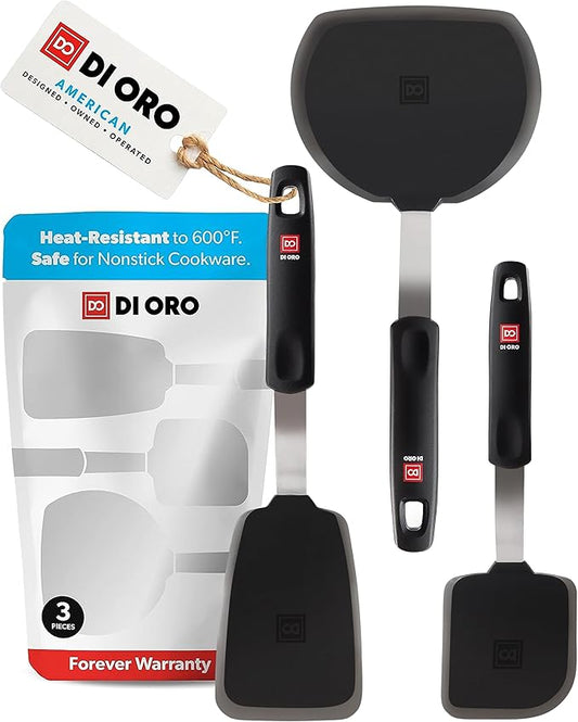 DI ORO Spatulas for Kitchen Use - Forever Warranty - 600°F Heat-Resistant Silicone - Turner Spatula Set for Cooking - BPA Free Wide Pancake Spatulas - Egg Flippers for Nonstick Cookware Safe (3pc) by DIORO