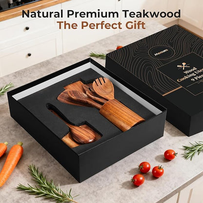 Wooden Spoons for Cooking, 9 PCS Teak Wood Cookware Utensil Set - Smooth Finish, Non-Stick, Comfortable Grip, Heat Resistant Kitchen Utensils Gift Box - Image 2