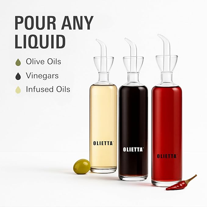 Olietta Oil Dispenser Borosilicate Glass Olive Oil Bottle Multipack Bundle - 3 Bottles - 17 oz, 8.5 oz and 4.2 oz - Non Drip Dispenser - Leak Proof Pourer Vinegar Drizzler - Image 6