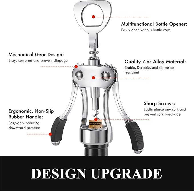 KORCCI Wine Opener, Heavy-Duty Zinc Alloy Wing Corkscrew, Premium Beer Bottle Opener, Multifunctional Wine Accessories with Ergonomic Handle and Sharp Screw, for Kitchen, Bar, Restaurant (SILVER) - Image 6