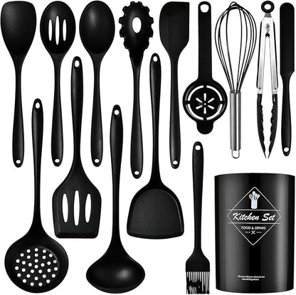 Silicone Kitchen Utensils Set - 15 Pieces Non Toxic Silicone Utensils Set For Cooking，428°F Heat Resistant Food Grade Kitchen Tools，Dishwasher Safe (Black, 15 Piece Set)