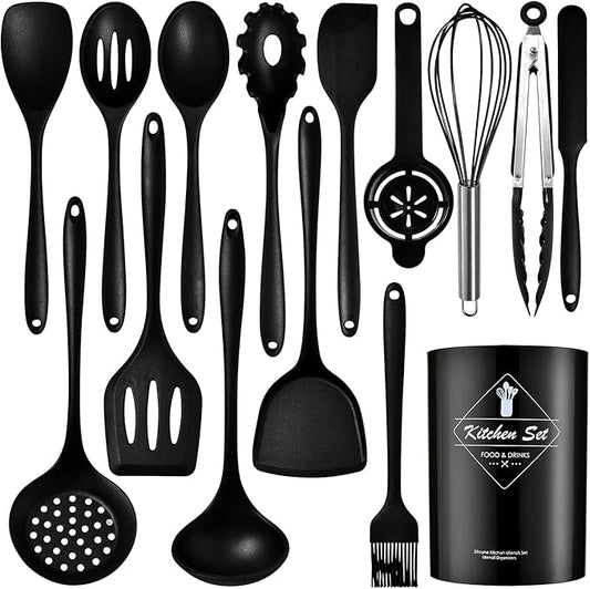 Silicone Kitchen Utensils Set - 15 Pieces Non Toxic Silicone Utensils Set For Cooking，428°F Heat Resistant Food Grade Kitchen Tools，Dishwasher Safe (Black, 15 Piece Set)