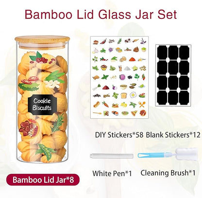 BGraceyy 32 oz 8 Pcs Glass Jars with Bamboo Lids, Stackable Clear Food Storage Jars, Airtight Kichen Glass Pantry Storage Containers with Lids for Rice, Candy, Sugar, Flour, Nuts, Cookie, Coffee Bean - Image 3