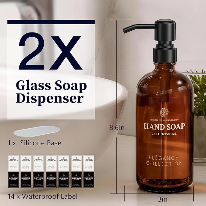 Amber Glass Soap Dispenser for Kitchen Sink and Bathroom - 2 Pack 16oz Slim Profile Bottles with Rust-Proof Stainless Steel Pump, Non-Slip Base & 14 Waterproof Labels for Home Organization - Image 8