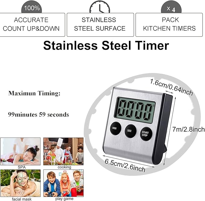 4 Pack Digital Kitchen Timer Magnet, Stainless Steel Cooking Timers with Alarm. Magnetic Countdown Timer for Kitchen Cooking, Baking,Sports Games (AAA Battery Included) - Image 2