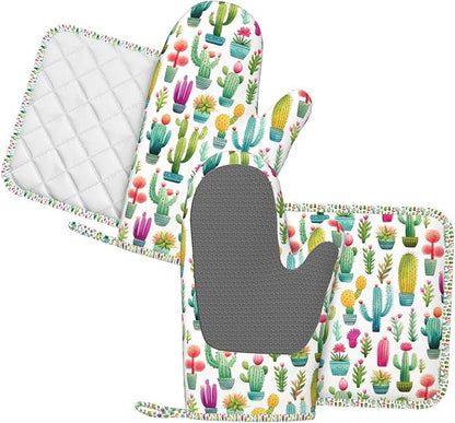 Oven Mitts and Pot Holders Set, Cactus Pattern Watercolor Silicone Kitchen Accessories 4 Piece Heat Resistant Long Gloves Potholder Non-Slip Grip for Chef Cooking Baking Grilling BBQ