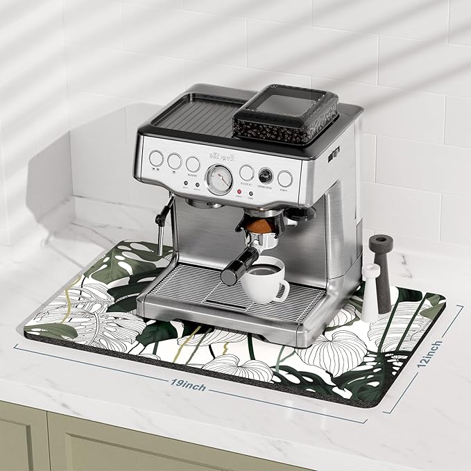 Rnivvi Coffee Mat, 12" x 19" Cute Coffee Bar Mats for Espresso Machine Station Accessories and Organizer, Hide Stain Rubber Backed Absorbent Dish Drying Pad for Kitchen Counter, Tropical Leaves - Image 2