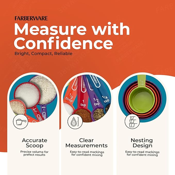 Farberware Kitchen Basics Measuring Cup & Spoon Set – 9-Piece Colorful Nesting Stackable Cups & Spoons with Ring Organizer, Easy-Read Markings for Cooking & Baking, Durable Plastic Kitchen Tools - Image 2