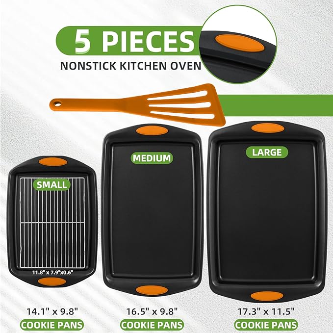 5-Piece Nonstick Baking Pans Set - Premium Carbon Steel Bakeware with PFOA/PFOS/PTFE-Free Coating, Red Silicone Handles (Black Orange) - Image 2