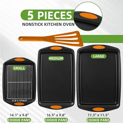 5-Piece Nonstick Baking Pans Set - Premium Carbon Steel Bakeware with PFOA/PFOS/PTFE-Free Coating, Red Silicone Handles (Black Orange) - Image 2