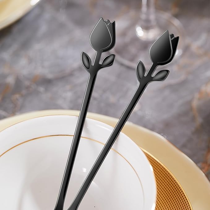 Black Tulip/Rose Handle 12-Pcs Mini Coffee Spoons Set - 6" Stainless Steel for Espresso, Tea, Dessert - Ideal for Demitasse & Small Servings - Image 3