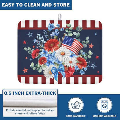 4th of July Dish Drying Mat for Kitchen Counter Patriotic Red Blue and White Floral American Flag Microfiber Dish Drainer Mat Absorbent Washable Drying Pad Extra Large 18"x24"