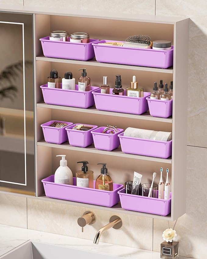 KEMETHY 25 PCS Plastic Drawer Organizers Set, 4 Sizes Vanity Organizer, Makeup and Desk Drawer Organizer Trays, Organization and Storage for Makeup, Bathroom, Kitchen Utensils and Office (Purple) - Image 7