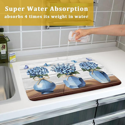 Giwawa Blue Hydrangea Dish Drying Mat for Kitchen Vintage Wood Board Floral Butterfly Dish Drainer Mats 18x24inch Rustic Flowers Dish Drying Rack Pad Protector for Countertop Dining Decor