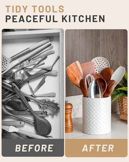 Nucookery 6.4'' Utensil Holder - Ceramic Utensil Holder for Kitchen Counter, Large Capacity Countertop Storage, Farmhouse Style Utensil Crock Organizer for Spoons, Spatulas & Cooking Tools - Image 5