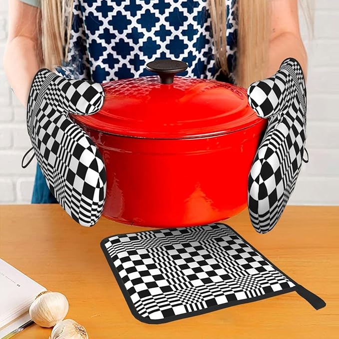 Black and White Optical Illusion Checkered Oven Mitt & Pot Holder Set (3-Piece) - Heat Resistant Non-Slip Kitchen Gloves Gift for Cooking Enthusiasts, Modern Kitchen Decor for Baking Grilling, Black - Image 3
