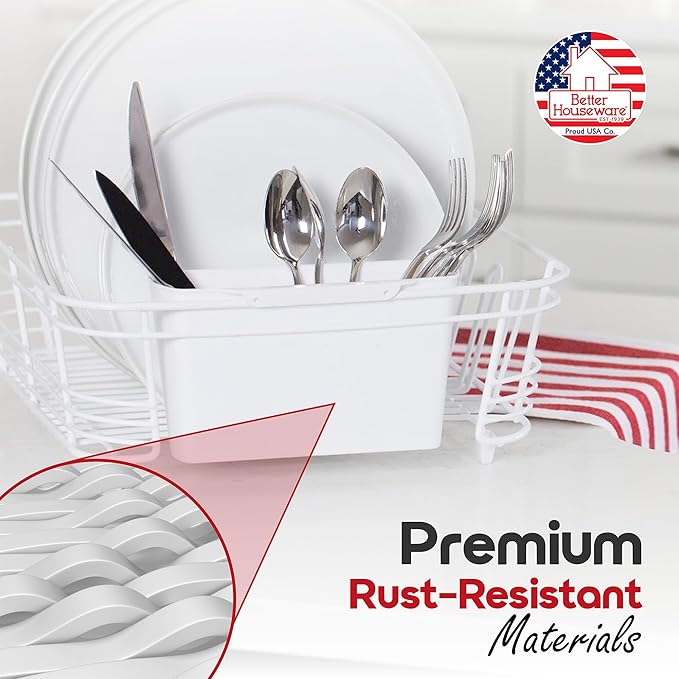 Better Houseware Dish Drying Rack, Space-Saving Dish Drainer Rack for Kitchen Counter, Coated Steel Kitchen Dish Strainer 2-Piece Set with Utensil Holder, White - Image 5