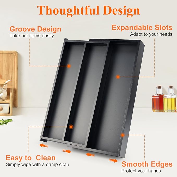 Bamboo Kitchen Tool Drawer Organizer Storage Black Cutlery Tray Expandable Silverware Drawer Divider Organizers Large Cooking Utensil Holder for Drawers Spoon Flatware Organizer Silverware Trays - Image 5