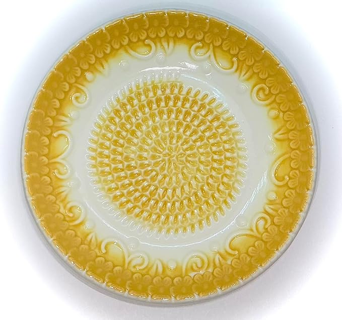 BonCera, All-in-one Premium Ceramic Garlic Grater Plate 4-Piece Set - Yellow Embossed Design and Style - For Garlic, Ginger, Chocolate, and more! - Comes with 5.25" Plate, Peeler, Brush, and Stand