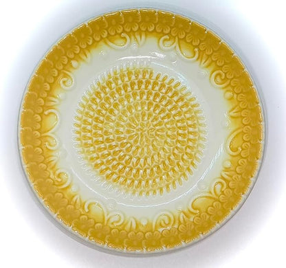 BonCera, All-in-one Premium Ceramic Garlic Grater Plate 4-Piece Set - Yellow Embossed Design and Style - For Garlic, Ginger, Chocolate, and more! - Comes with 5.25" Plate, Peeler, Brush, and Stand