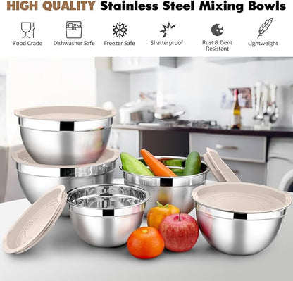 E-far Stainless Steel Mixing Bowls with Lids, 5-Pack Metal Nesting Bowls with Airtight Covers for Cooking, Baking, Serving, Storage, Non-toxic & Dishwasher Safe, Size 4.6/3/1.5/1/0.7QT - Khaki - Image 3