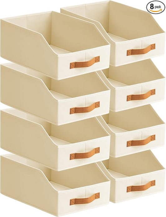 Homsorout Fabric Storage Bins for Organizing - 8 Pack Large Trapezoid Collapsible Storage Bins with Front Handle, Closet Organizers and Storage for Bedroom, Home Shelves, Small Spaces, Beige by Homsorout