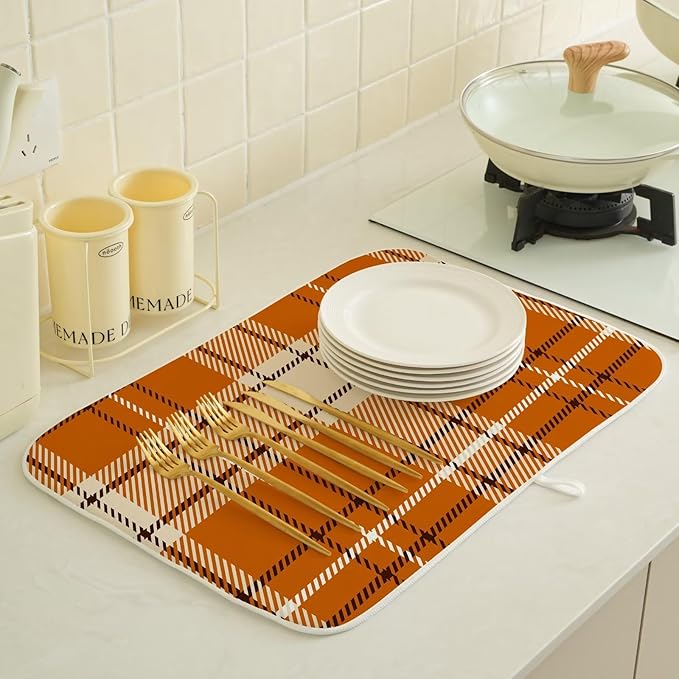 Fall Dish Drying Mat 18 x 24 inch Autumn Orange Buffalo Plaid Themed Decorative Drying Mats Microfiber Absorbent Dish Washable Draining Mat for Kitchen Counter Decor