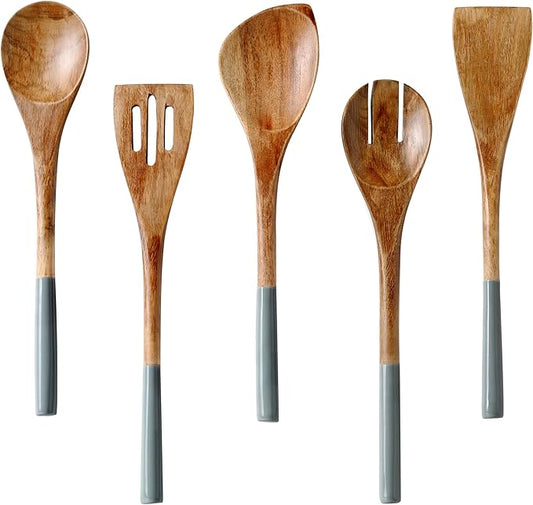 Folkulture Wooden Spoons for Cooking | 12" Premium Acacia Wooden Utensil Set of 5 - Smooth Finish, Soft Comfort Cooking Utensils Set for Kitchen, Gifts | Non Stick Wooden Cooking Utensils Set of 5