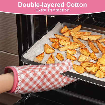 AUAUY Pink Oven Mitts, Kitchen Mittens, 392F Heat Resistant Non-Slip Gloves for Cooking, Baking, BBQ, Grilling - Cotton Infill, 1 Pair - Image 4