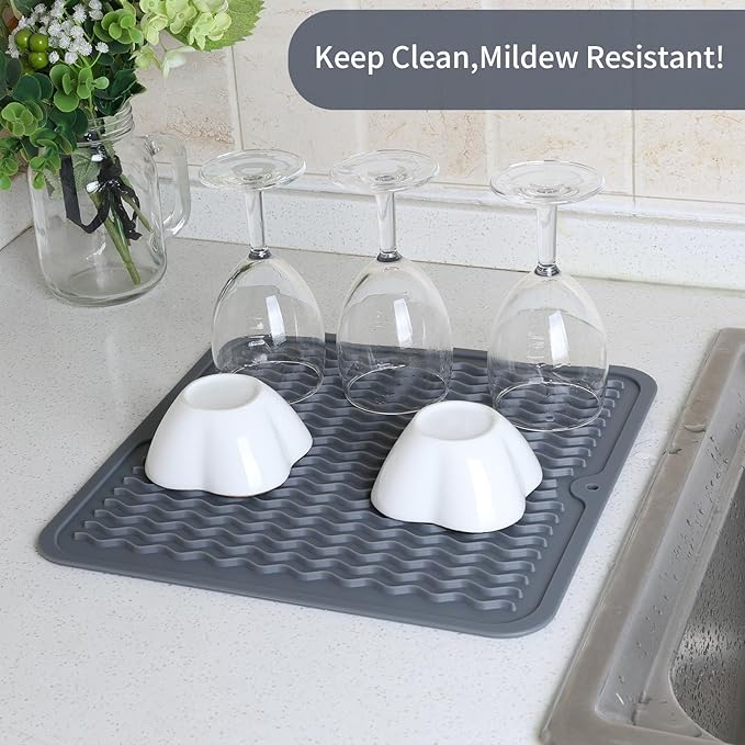 ZLR 2 Pcs Silicone Dish Drying Mat 12" x 12" Square - Small Heat Resistant Trivet & Countertop Protector for Air Fryer, Coffee Maker - Waterproof Kitchen Drain Pad for Cups, Fruit (Dark Gray) - Image 3