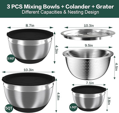Nicdiet Mixing Bowls with Airtight Lids, Stainless Steel Mixing Bowl Set with 3 Metal Nesting Bowls, Colander & Grater, Non-Slip Bottoms, Size 1.5, 2.5, 5 QT, Great for Mixing & Serving, Black - Image 7