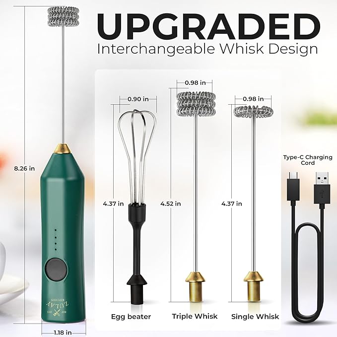 Zulay Kitchen Rechargeable Milk Frother - Dynamic - 3 Speeds, 3 Whisk Attachments, 500 mAh USB Charging, Drink Mixer For Latte, Cappuccino, Matcha, Protein Powder, Coffee Foam - Green Gold - Image 5
