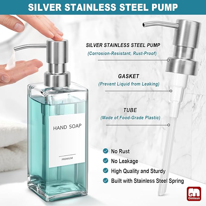 GMISUN Glass Soap Dispenser with Stainless Steel Pump, Clear Hand Soap Dispenser for Bathroom, 12 fl oz/350ml Hand and Dish Soap Dispensers Set for Kitchen, Refillable Liquid Soap and Lotion Bottle - Image 3