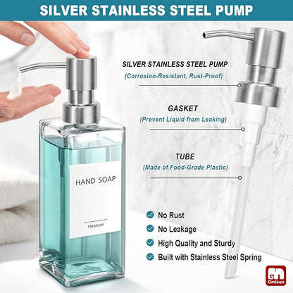 GMISUN Glass Soap Dispenser with Stainless Steel Pump, Clear Hand Soap Dispenser for Bathroom, 12 fl oz/350ml Hand and Dish Soap Dispensers Set for Kitchen, Refillable Liquid Soap and Lotion Bottle - Image 3