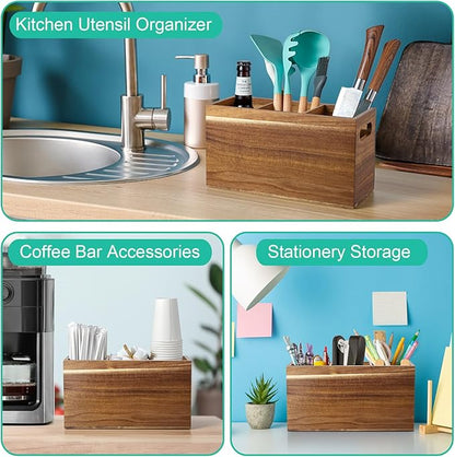 ALELION Acacia Wood Utensil Holder Organizer for Counter - Large Wooden Utensil Caddy for Countertop - 3 Compartment Cooking Tool Holder for Spatula - for Farmhouse Kitchen Decor and Accessories - Image 6