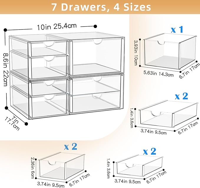 YFXCVSL Clear Stackable Storage Drawers, Acrylic Makeup Organizer with 7 Drawers, Bathroom Organizers and Storage, Plastic Bins for For Vanity, Undersink, Kitchen Cabinets, Pantry - Image 3