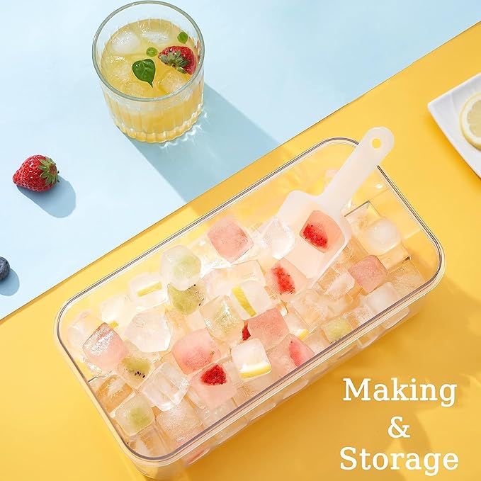 Ice Cube Tray with Lid and Bin, 64 pcs Ice Tray Kit with Ice Scoop, Ice Cube Pop Out Tray, Ice Cube Trays for Freezer, Ice Cube Molds, BPA Free, Easy Release Stackble Spill-Resistant ZZWILLB (Orange)