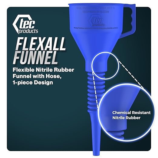 TEC Products FlexAll Long Flexible Funnels - Automotive Oil Funnel with Hose, Durable Nitrile Rubber for Oil Change, Transmission Funnel Fluid, Diesel, Fuel, Gas - Made in USA - Blue (12 x 4 Inches) - Image 2