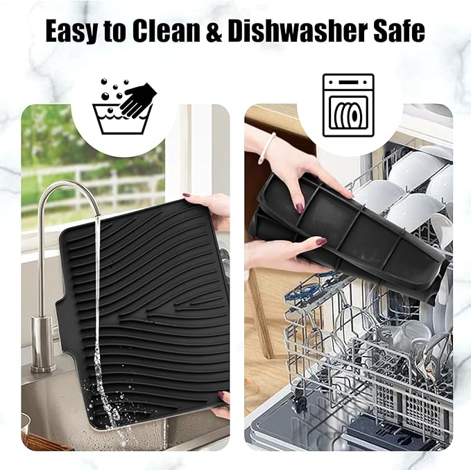 TIKNIK Silicone Dish Drying Mat, Stone Drying Mat for Kitchen Counter with Built-In Drain, Non-Slip Drain Pad with Built-in Drain, Heat Resistant Stone Drying Mat, Hangable, Black-2pcs, 16" x 12" - Image 4