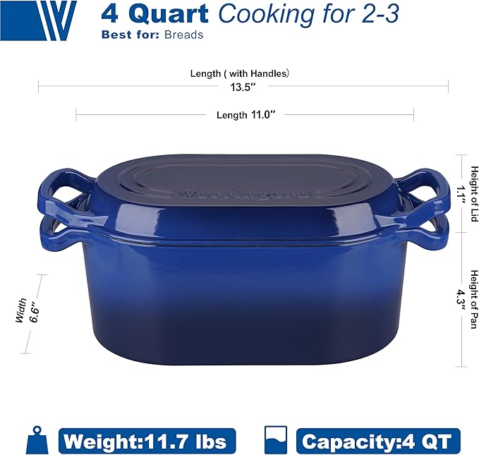 VORRINGARD Oval Dutch Oven Pot with Lid, Enamel Coating Cast Iron Bread Pans for Homemade Sourdough Bread Baking, Cooking, 4 Quart, Blue