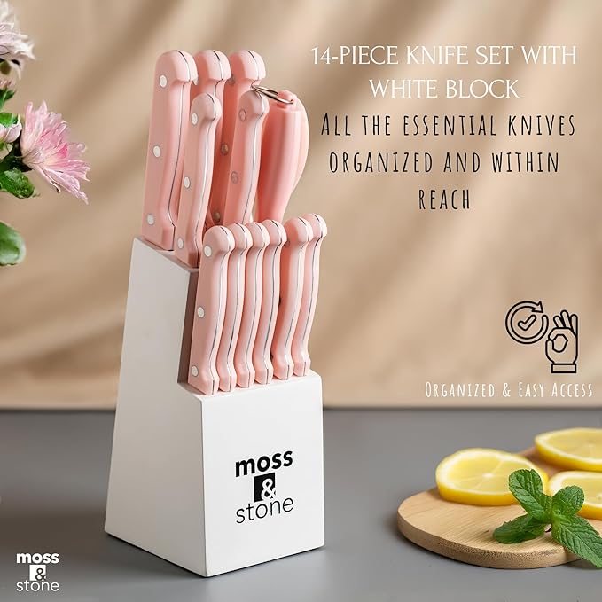 Moss & Stone Pink 14 Pcs Knife Block Set Stainless Steel, Premium Forged Kitchen Knives Set with High-Carbon Blades, Ergonomic Handle, Sharp Blade, Rust Resistant, Modern Style for Home & Chef - Image 5