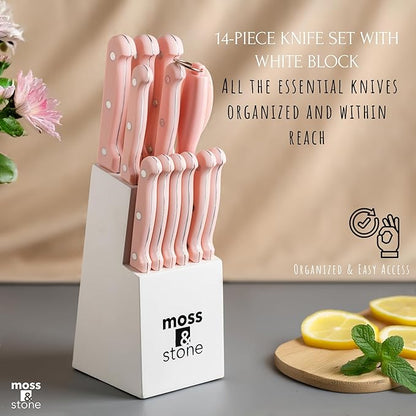 Moss & Stone Pink 14 Pcs Knife Block Set Stainless Steel, Premium Forged Kitchen Knives Set with High-Carbon Blades, Ergonomic Handle, Sharp Blade, Rust Resistant, Modern Style for Home & Chef - Image 5