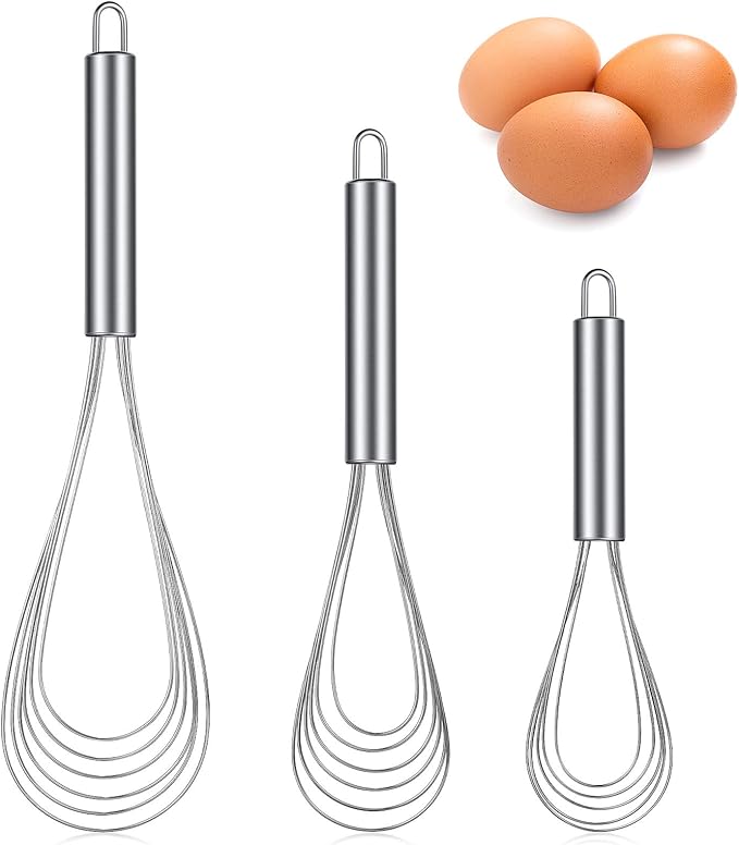 Patelai 3 Pieces Stainless Steel Kitchen Flat Whisk Set Stainless Steel Flat Wire Egg Utensils Whisk for Cooking Blending Whisking Beating(8 Inch,10 Inch,11.6 Inch) by Patelai