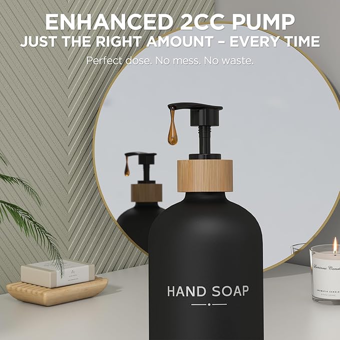 Hand and Dish Soap Dispenser Set,16oz Glass Bottles with Printed Labels, Bamboo Tray & Pump,Countertop Soap Dispensers for Kitchen,Luxury, Minimalist & Farmhouse Decor (Hand Dish (Black)) - Image 5
