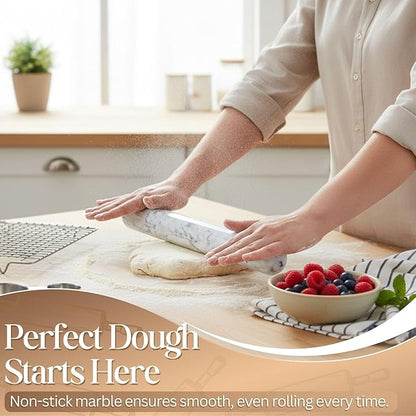 Flexzion French Rolling Pin, 12 Inch White Marble Rolling Pins for Baking with Wooden Base Holder Stand - Non-Stick Baking Roller for Baking Fondant, Crust, Pastry, Cookies, Pizza, Pasta