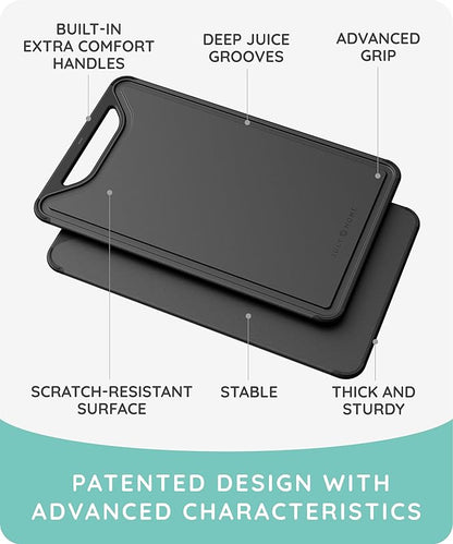 Cutting Boards for Kitchen, Plastic Cutting Board Set of 3, Dishwasher Safe Cutting Boards with Juice Grooves for Meat, Veggies, Fruits, Easy Grip Handle, Non-Slip (Black/Gray)